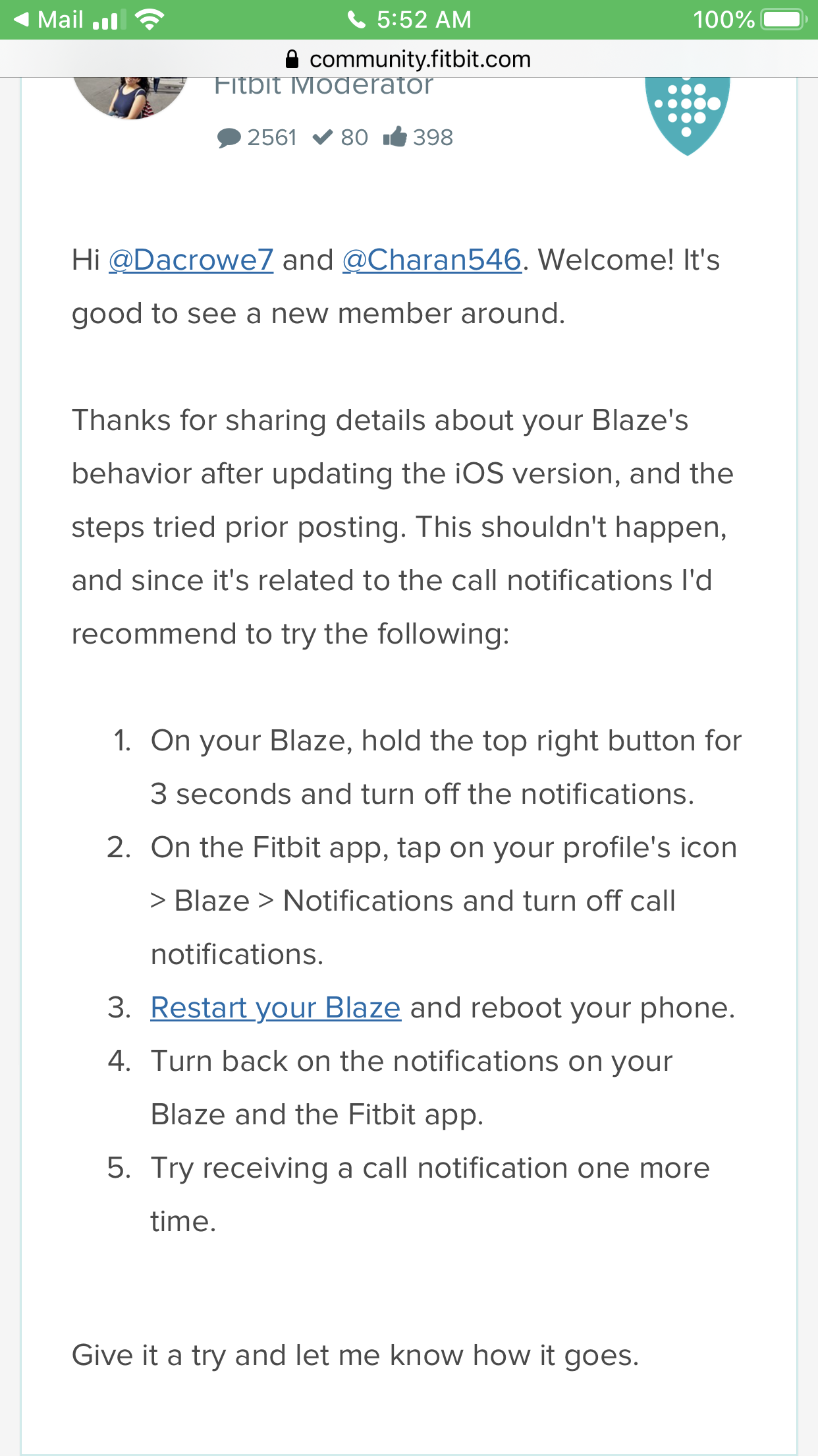 fitbit blaze keeps vibrating after answering call