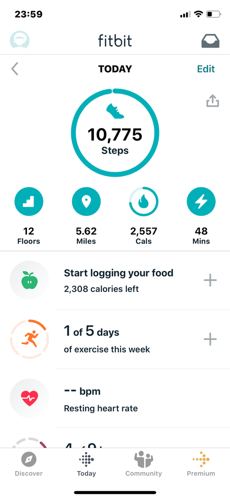 4.	Photo 4 is a screen grab of the iOS app at 1159pm (2359 military time). Calories burned is displayed at 2,557 which accounts for 34 minutes of BMR calories burned equaling 46 calories as I took my Charge 3 HR off it is only accounting for BMR and no exercise.