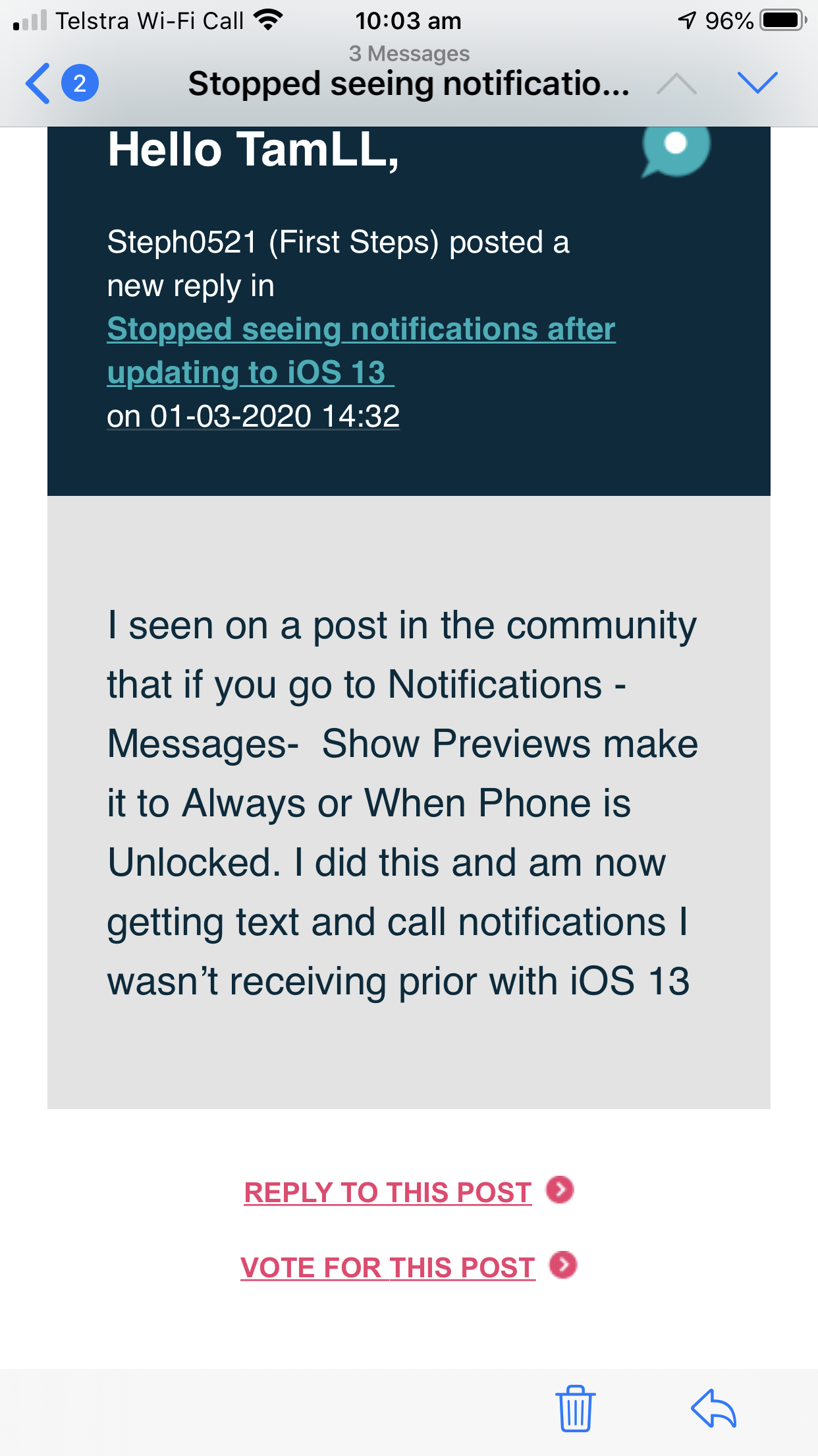 versa notifications not working ios 13