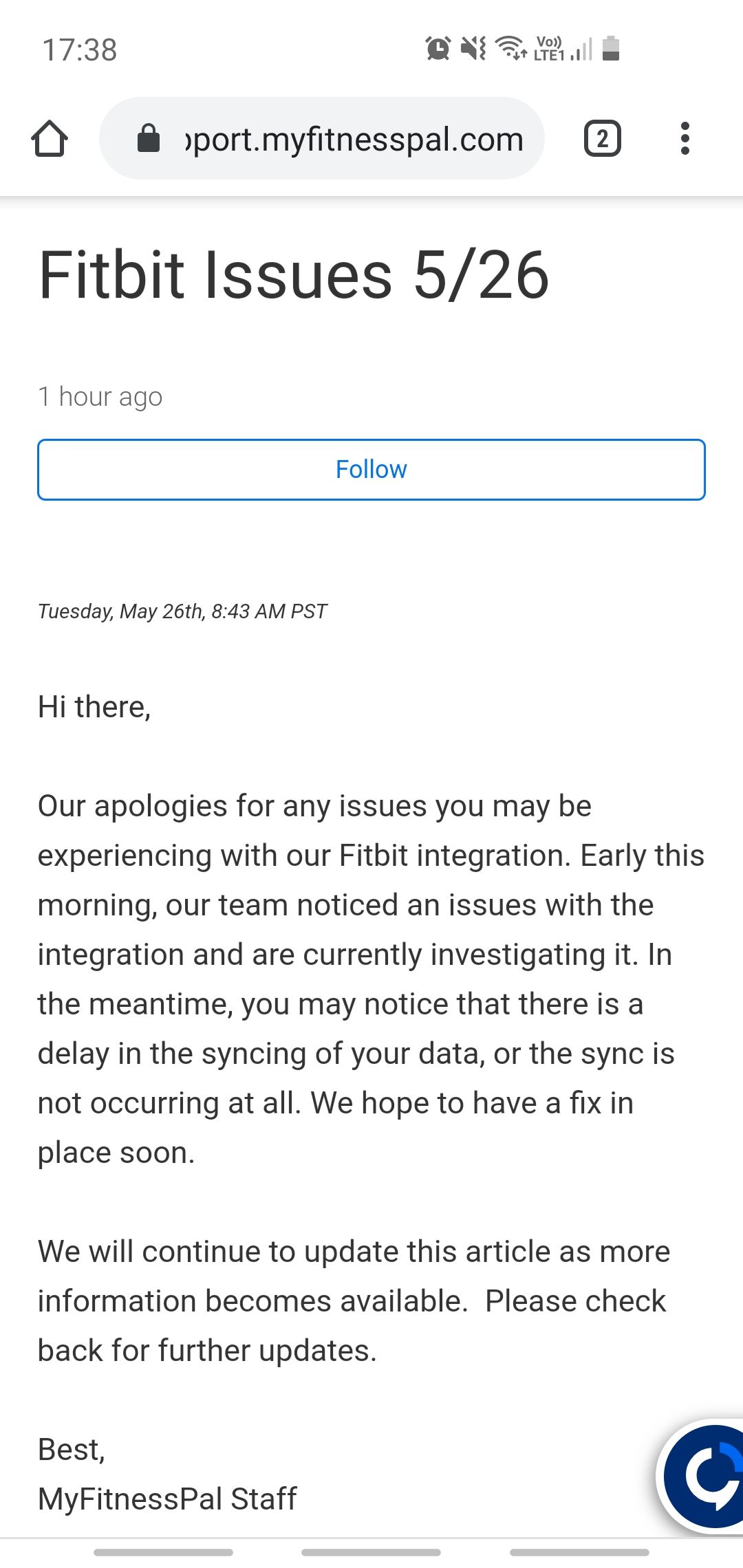 myfitnesspal stopped syncing with fitbit