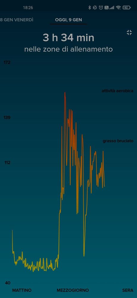 Frequenza cardiaca regolarmente registrata nella sezione cuore dell'app fitbit (nella fascia oraria in cui ho registrato l'allenamento)