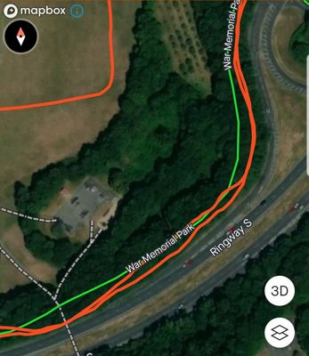 Green - where it should be, Red - GPS route