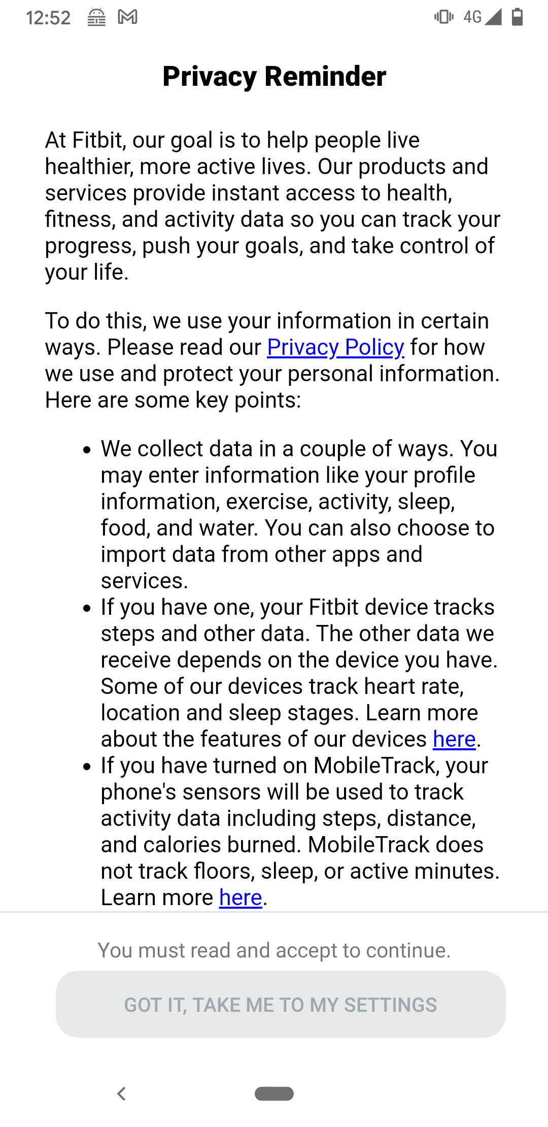 sfære Jabeth Wilson Produktionscenter Solved: Android App keeps showing privacy reminder - Fitbit Community