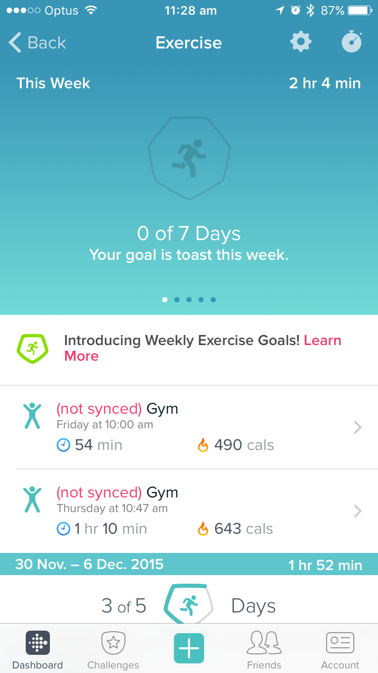 Logged exercise won't sync with 