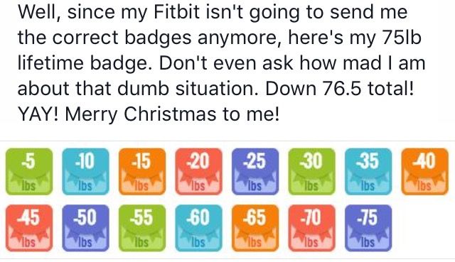 My Facebook post. All I could post was this Lifetime badge since I don't get my weight goal badge anymore.