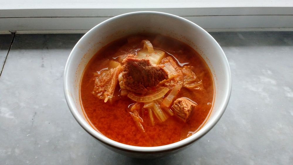 My homemade kimchi jjigae; it looks spicier than it really is.
