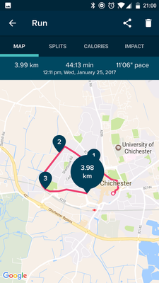 Again the time is accurate but the distance should be closer to 6k. The map worked up to a point (where the line suddenly becomes straight and veers off) but didn't continue to the end of the route...