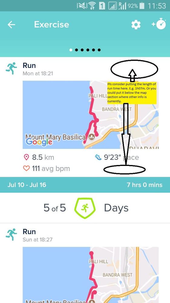 Exercise menu screenshot