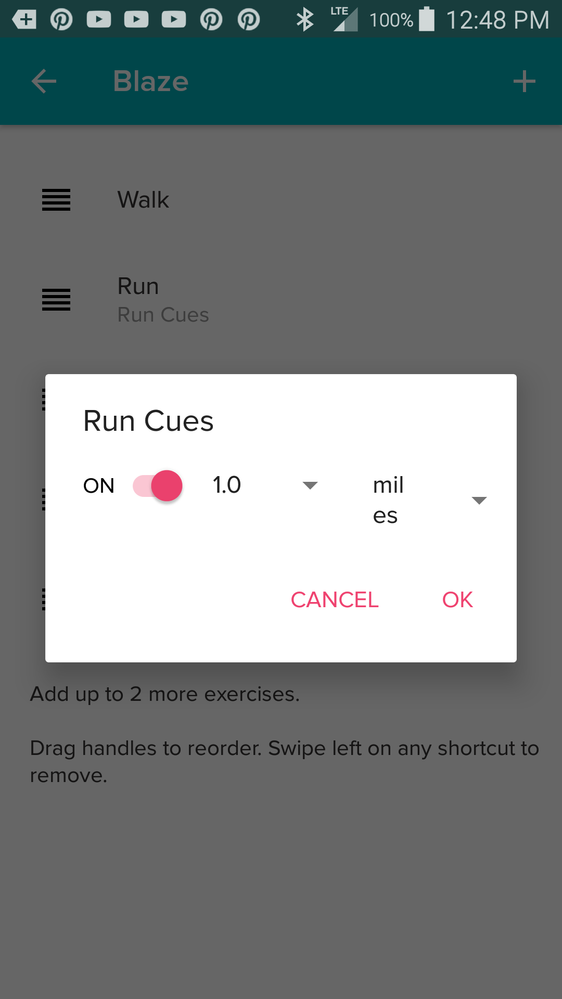 Run options for the Blaze, Note GPS is turned off from the tracker.