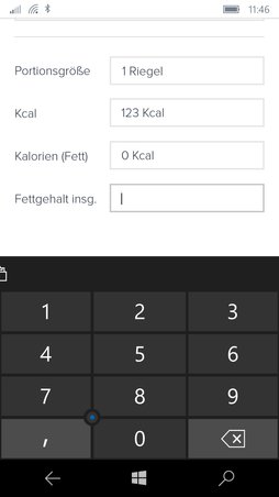 Windows 10-App Nährwerteingabe