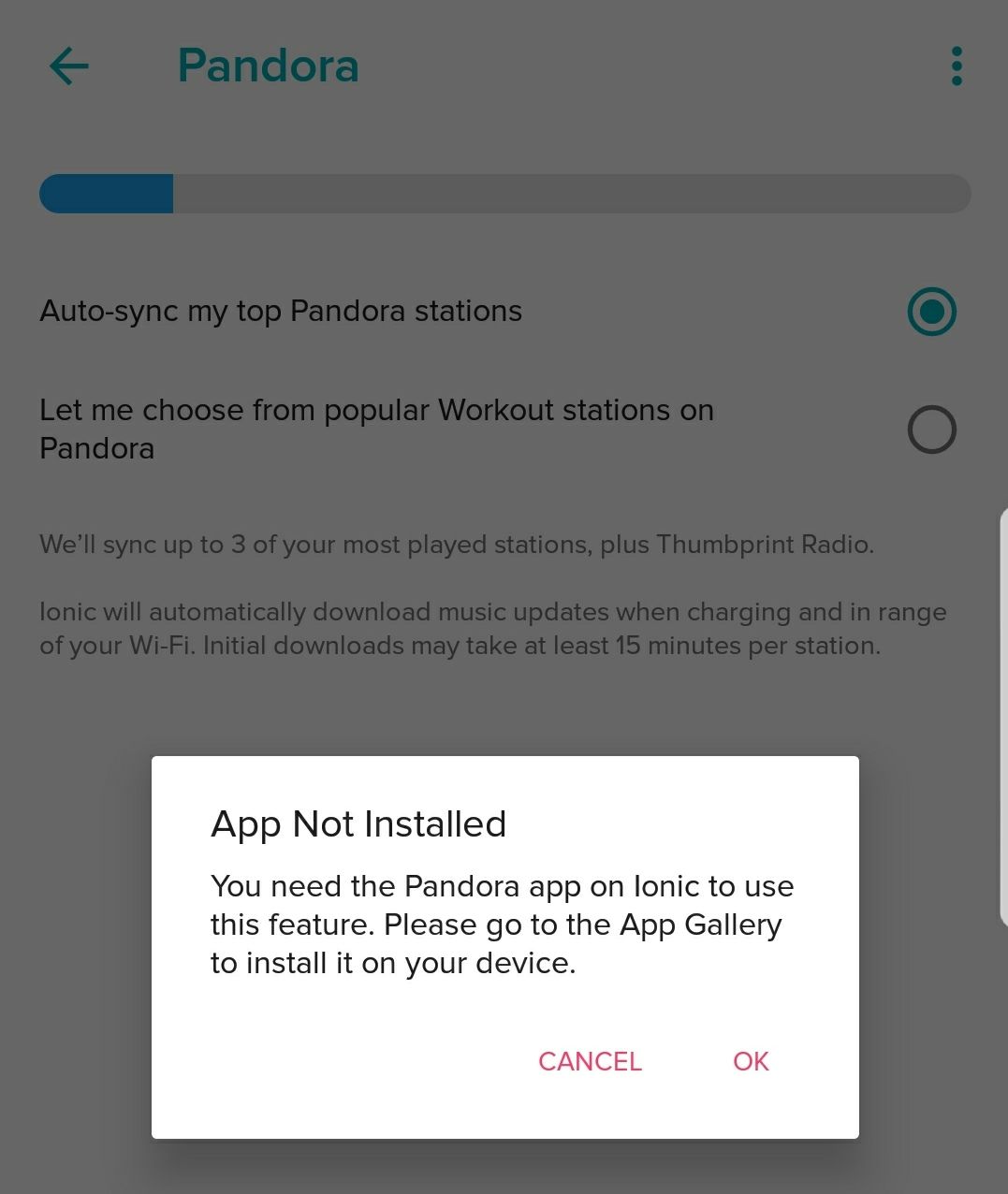 pandora settings in fitbit mobile app