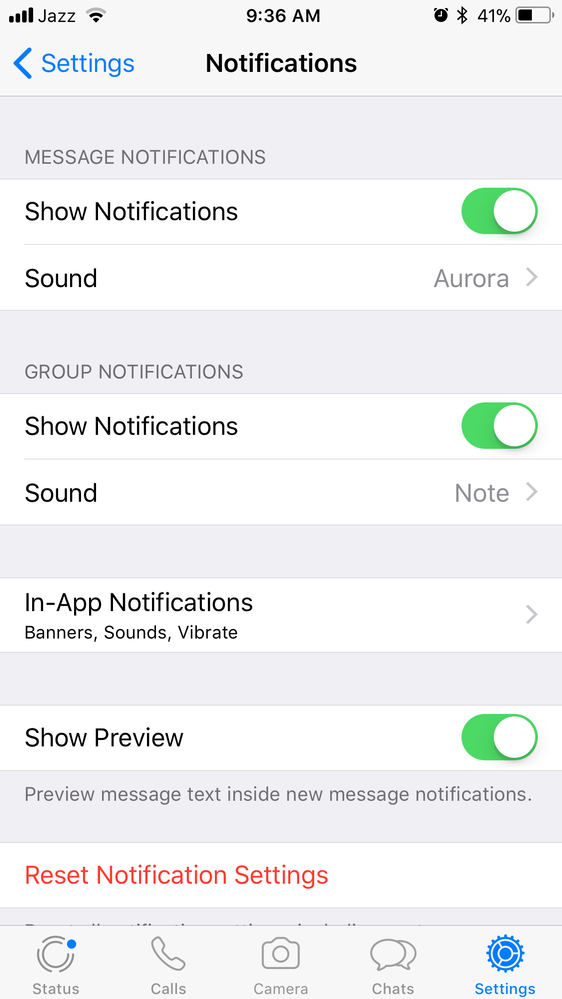 Notification settings in Whatsapp app itself