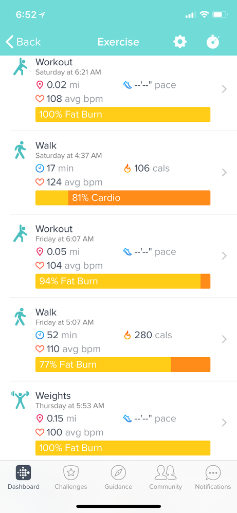 Weights and workouts show pace and distance rather than heart rate and time