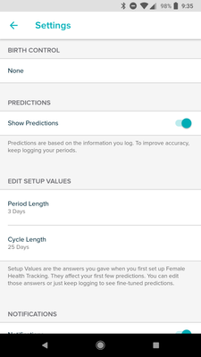 Clue settings within FitBit app.