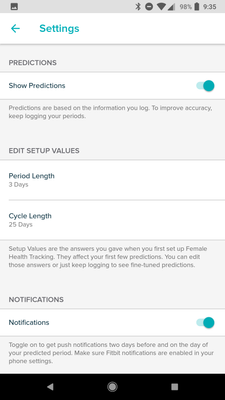 Clue settings within FitBit app 2.