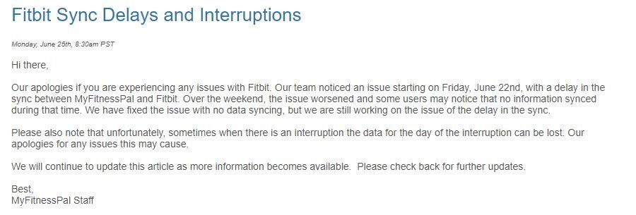 myfitnesspal stopped syncing with fitbit