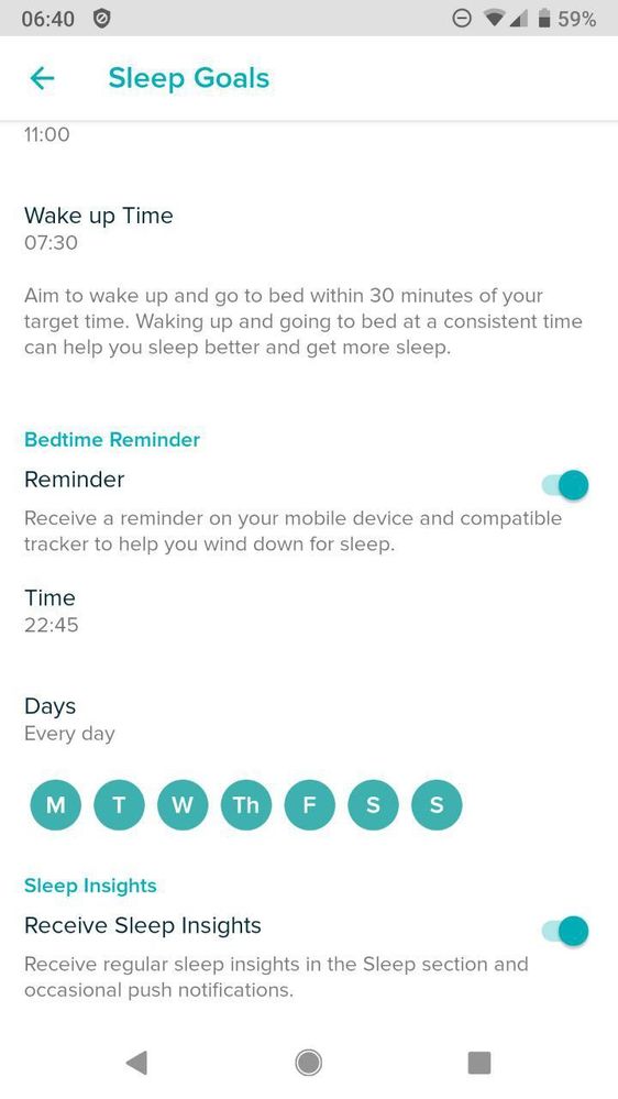 The bedtime reminder settings via the app