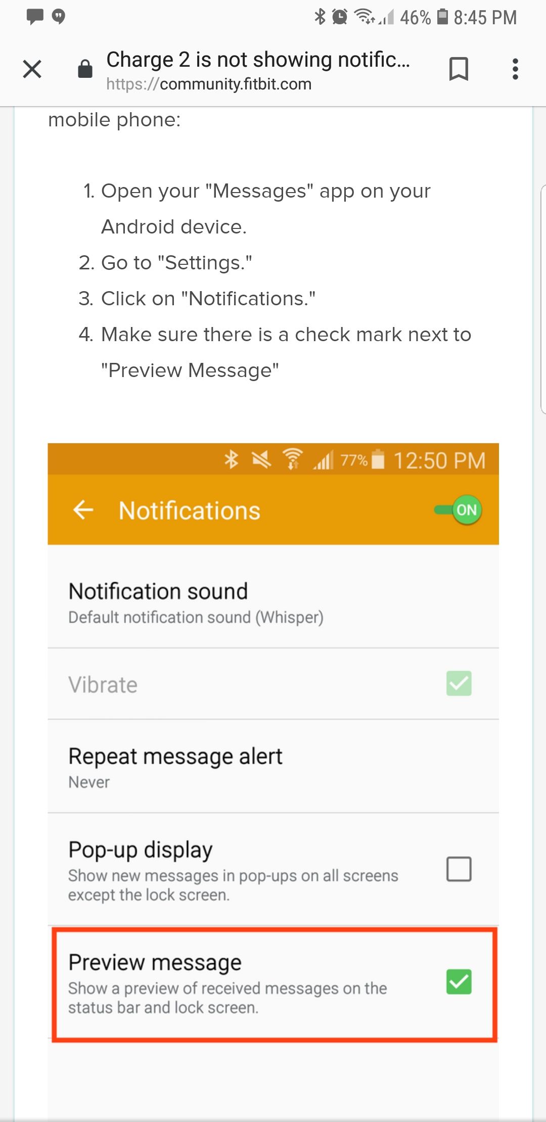 Text notifications issues with Galaxy S9 Fitbit Community