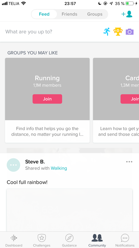 English version; Community tab with news feed and groups