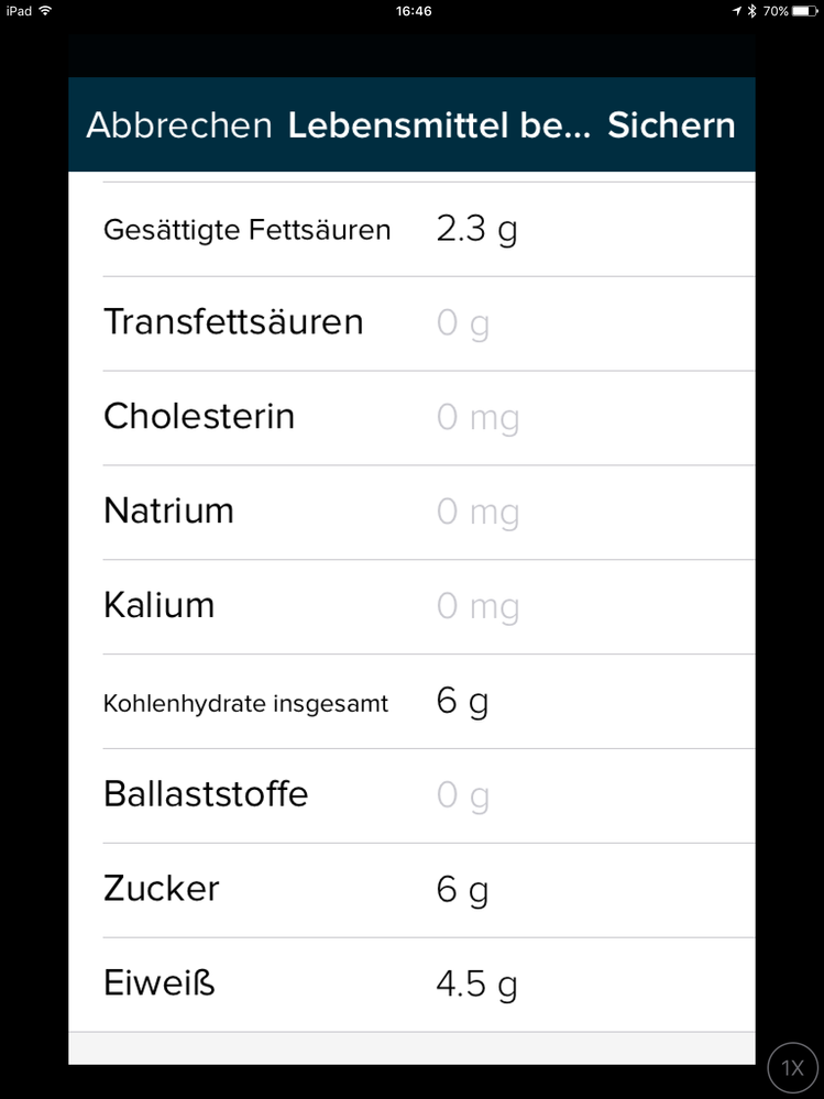 Nahrungsmittel mit Werten von 100g abgespeichert