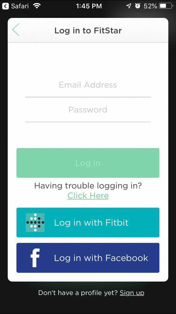 This is the screen I start with, I try to "log in with Fitbit"