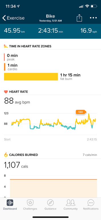 1. Information reported by Fitbit (without activating the Ionic to track the ride via Exercise > Bike > Start)