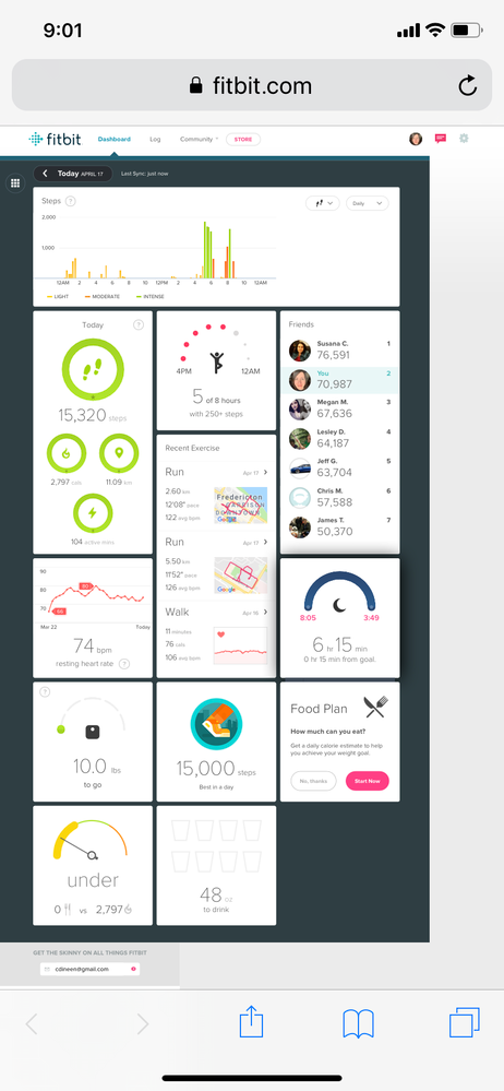 This last one is of the whole dashboard tonight at 9:01 pm, so you can see where the leaderboard switched over but my stepcount hasn't reset.