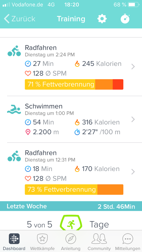 Das steht dann in der App ! Die Strecke beim schwimmen trage ich nach und beim Fahrrad fahren steht auch keine Strecke ?? Warum