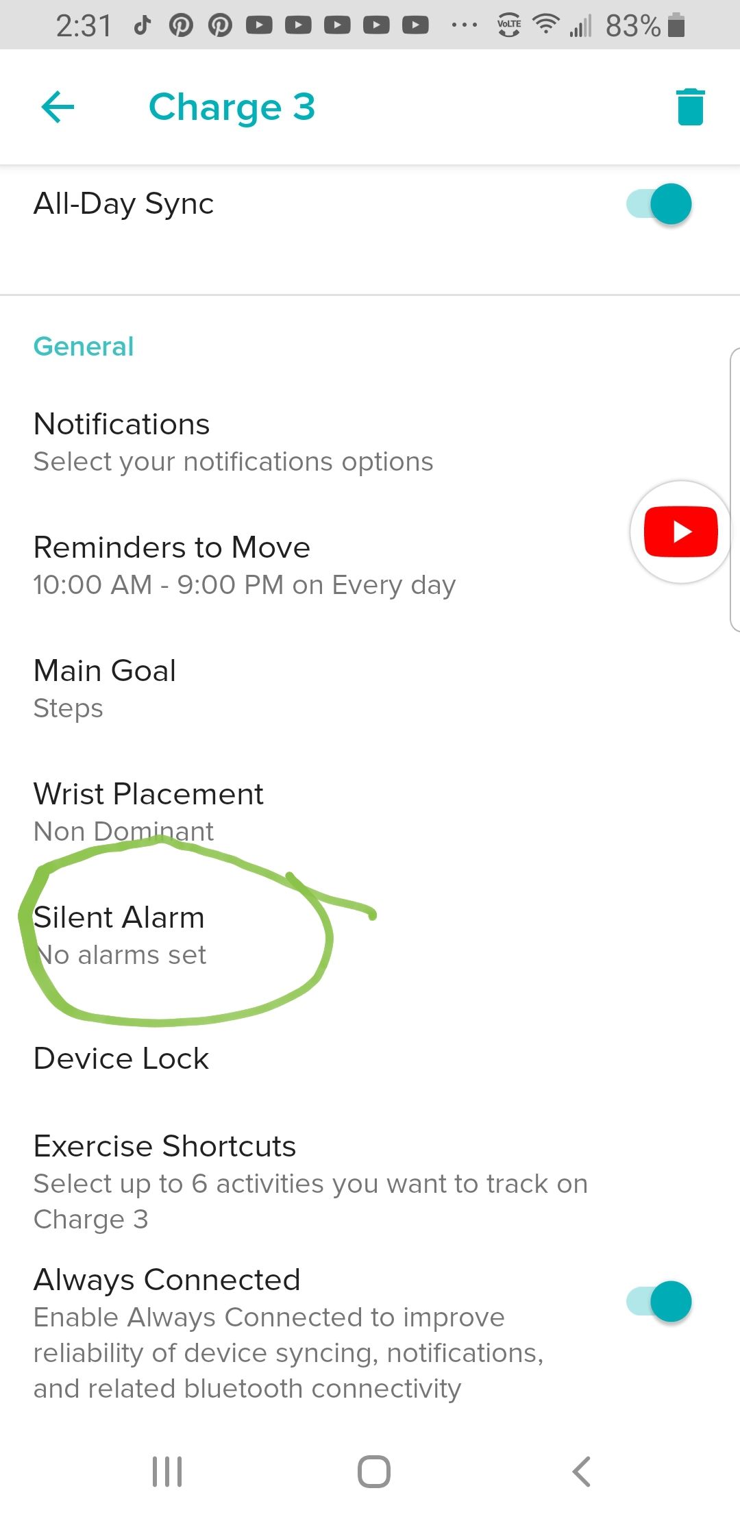 how do i set alarms on my fitbit charge 3