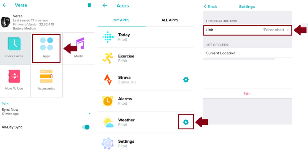 how to change weather settings on fitbit versa lite