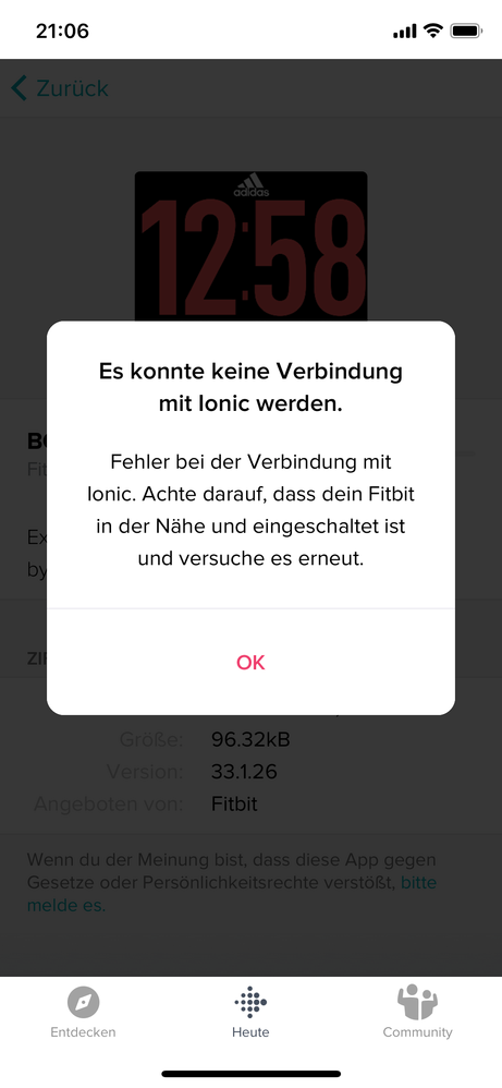 Sobald man das Ziffernblatt wechseln will bekommt man nur eine Fehlermeldung