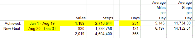 Excel spreadsheet to calculate activity required  for balance of year to ensure I get to my 2019 miles goal.