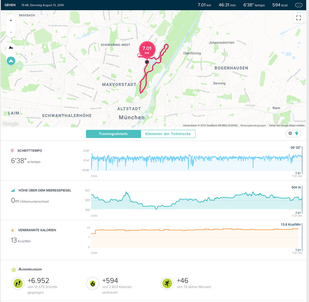 korrekte Map (auf Handy getrackt, Ionic am Handgelenk, Pulsverlauf fehlt, Kalorienverlauf scheinbar unter Berücksichtigung der Pulsfrequenz errechnet.
