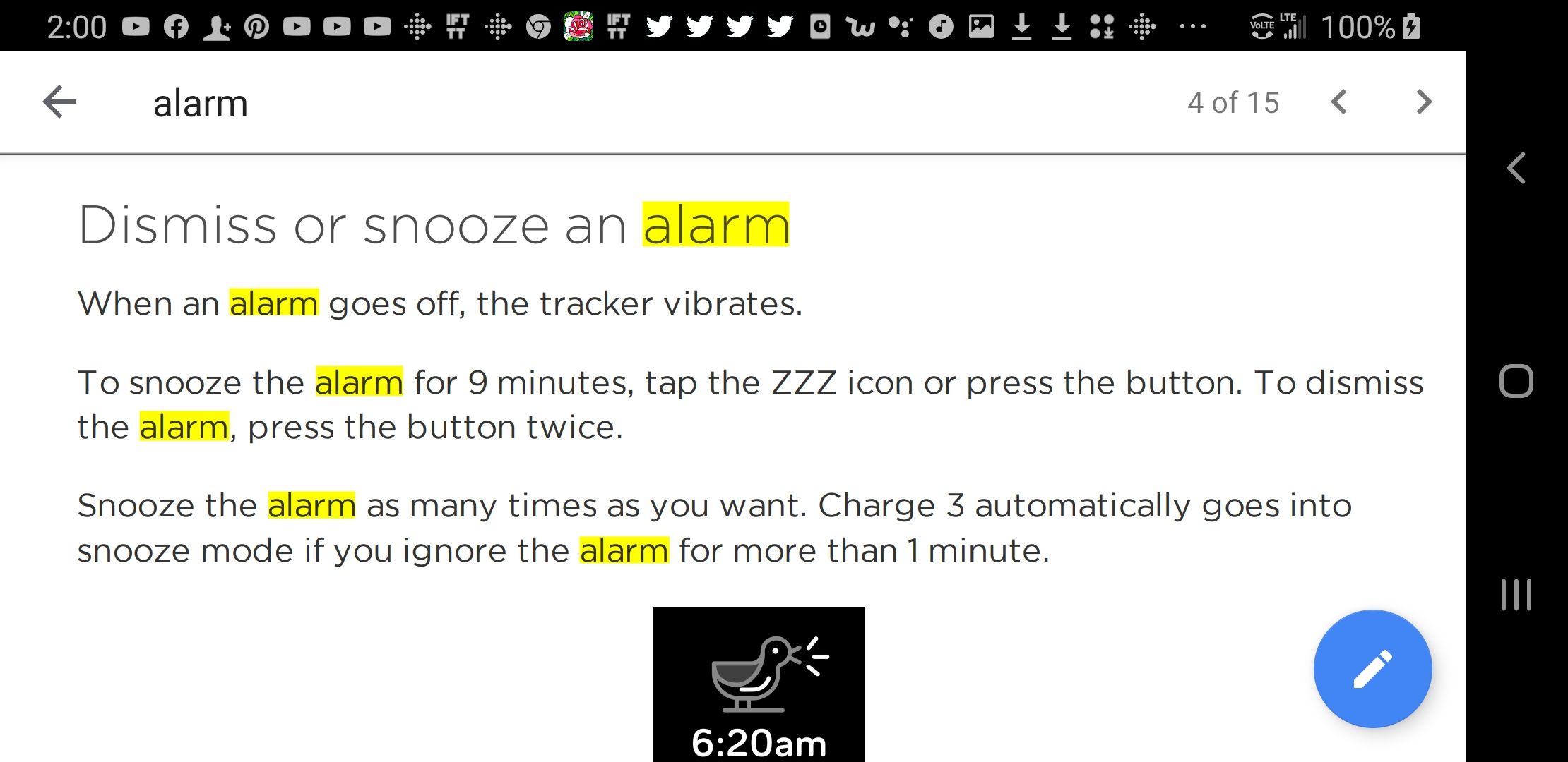 Charge 3 alarm - dismiss alarm by tap 
